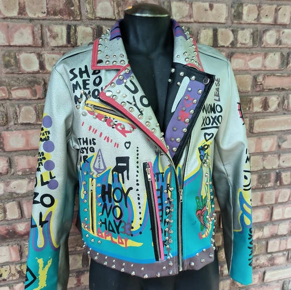 Robert Phillipe Graphic Cropped Jacket Faux Leather Biker Rocker Studded XL - Picture 7 of 13
